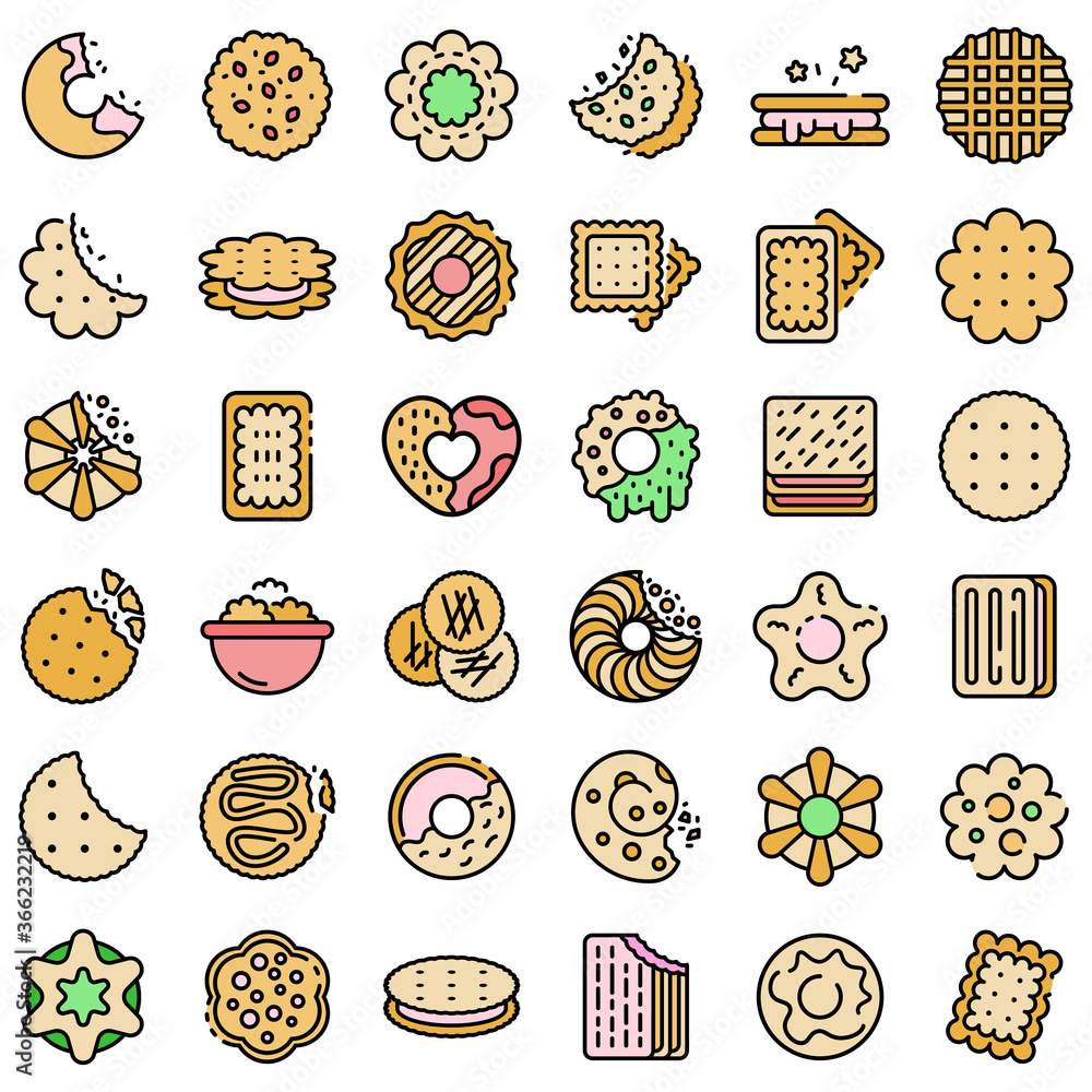 Poster cookie icons set. outline set of cookie vector icons thin line color flat on white