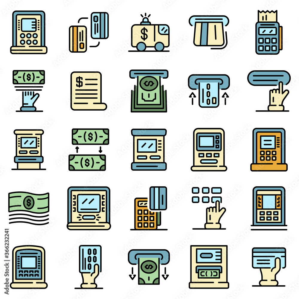 Aufkleber atm machine icons set. outline set of atm machine vector icons thin line color flat on white