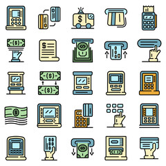 Atm machine icons set. Outline set of atm machine vector icons thin line color flat on white
