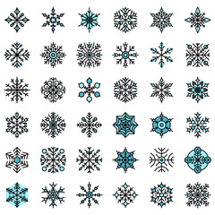 Snowflake icons set. Outline set of snowflake vector icons thin line color flat on white