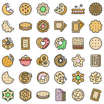 Cookie icons set. Outline set of cookie vector icons thin line color flat on white