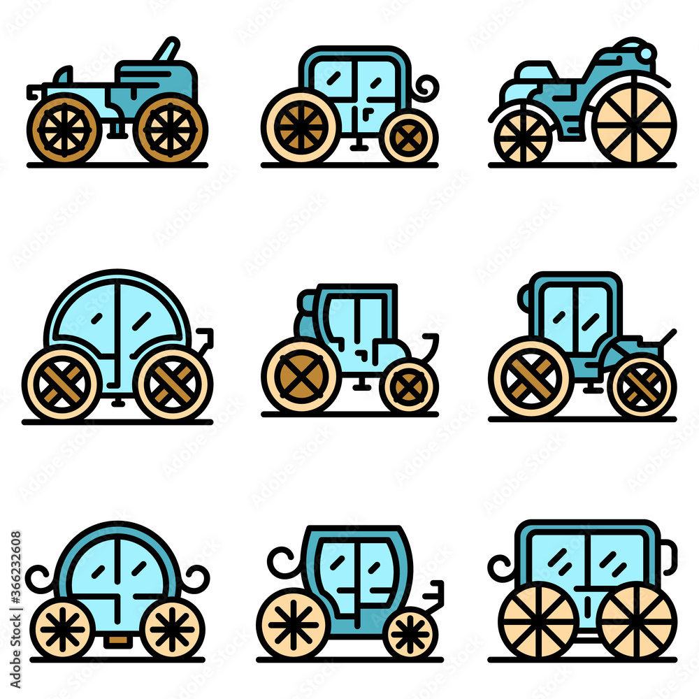 Poster brougham icons set. outline set of brougham vector icons thin line color flat on white
