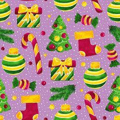 Watercolor seamless pattern with cute Christmas items. Gifts, Christmas tree, decorations and sweets.