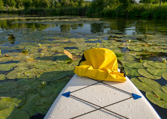 view of the green shore of the lake, in the foreground a sup board bow with a yellow waterproof...