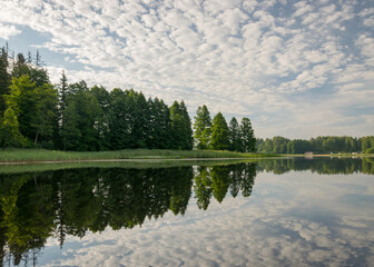 Fototapeta premium summer morning landscape on the lake, beautiful clouds and wonderful reflections in the lake mirror, summer morning by the water