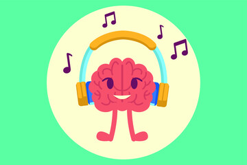 Gain more creativity through music vector concept: brain smiling while listening music through its headphone