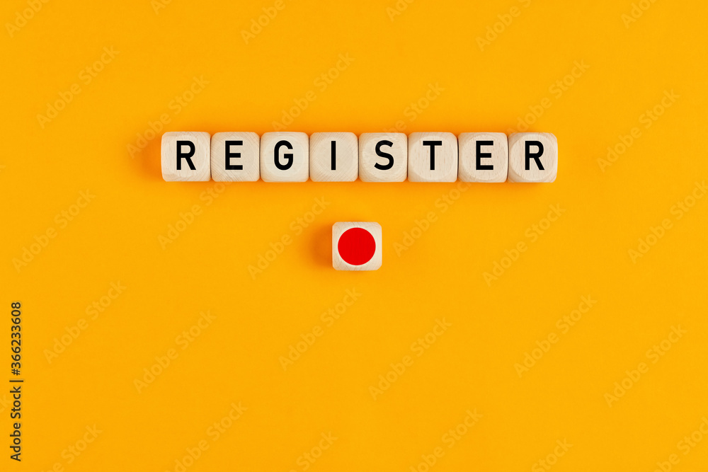 Fototapete the word register written on wooden cubes with a push button on yellow background. online registrati