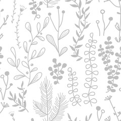 Vector seamless border with doodle forest and meadow plants. Hand drawn abstract background for frames, posters, textile