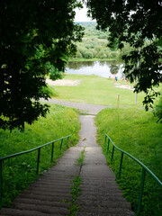 Obraz premium stairs steps from a height down from the thickets to the water