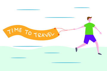Travel vector concept: man running while carrying banner written 