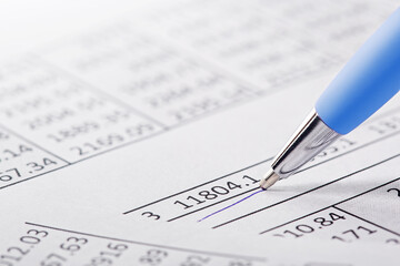 Accounting document with pen and checking financial chart. Concept of banking, financial report and financial audit.