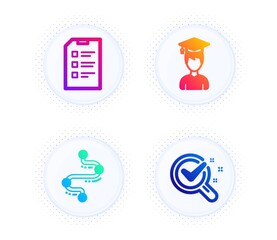 Student, Timeline and Checklist icons simple set. Button with halftone dots. Chemistry lab sign. Graduation cap, Journey path, Data list. Lab research. Science set. Gradient flat student icon. Vector
