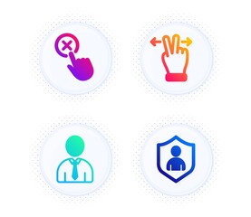 Touchscreen gesture, Reject click and Human icons simple set. Button with halftone dots. Security sign. Swipe, Delete button, Person profile. Private protection. People set. Vector