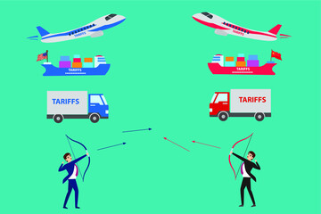 Trade War vector concept: two businessmen shooting arrows against each other below three shipping vehicles