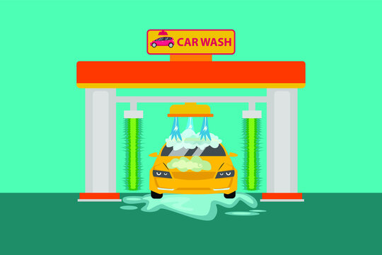 Tunnel car wash vector concept: a sedan being wash with an automatic car wash machine