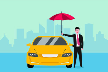 Car insurance vector concept: businessman holding an umbrella next to his car