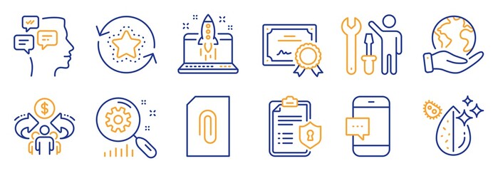 Set of Technology icons, such as Attachment, Loyalty points. Certificate, save planet. Privacy policy, Sharing economy, Smartphone message. Repairman, Search statistics, Dirty water. Vector