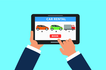 Online Car rental vector concept: Hands using a tablet computer for car rent reservation