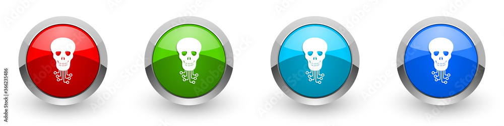 Poster hack silver metallic glossy icons, virus, circuit, skull, hacker concept set of modern design button