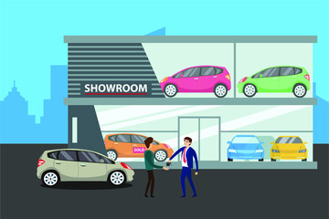 Car showroom vector concept: businessmen shaking hands because of the sedan purchase