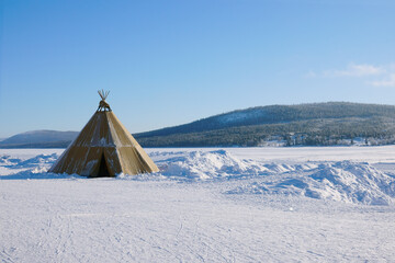 Eskimo tent in winter landscape. - obrazy, fototapety, plakaty