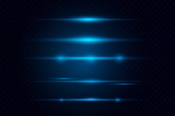 Blue horizontal lens flares pack. Laser beams, horizontal light rays