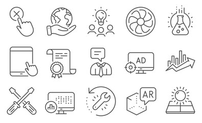 Set of Technology icons, such as Seo adblock, Sun energy. Diploma, ideas, save planet. Growth chart, Recovery tool, Screwdriverl. Reject click, Augmented reality, Tablet pc. Vector