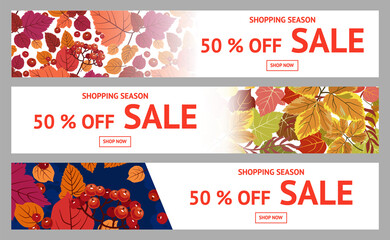 Autumn sale. Banners for 50% Promotion Autumn Discount. Vector of falling leaves. For booklet shop or web banner.