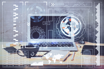 Double exposure of desktop computer and technology theme hologram. Concept of software development.