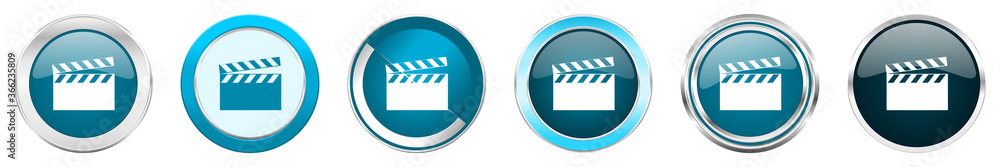 Aufkleber video silver metallic chrome border icons in 6 options, set of web blue round buttons isolated on wh