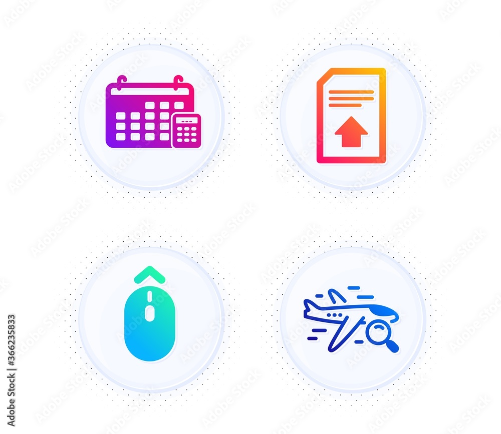Poster calendar, upload file and swipe up icons simple set. button with halftone dots. search flight sign. 