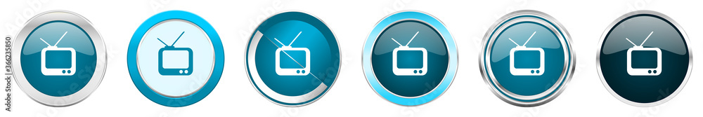 Poster tv silver metallic chrome border icons in 6 options, set of web blue round buttons isolated on white