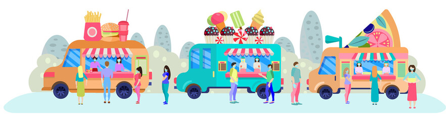 Obraz na płótnie Canvas Street food festival. Line at car fast food. Street Food Trucks concept isolated on a white background. Cartoon fast-food cars. Social distance in the queue.Vector illustration in flat style. Banner