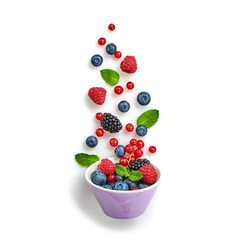 Blueberry, blackberry, raspberry, redcurrant flying in air, isolated on white. Fresh blueberry, red berries falling into bowl. Colorful blue blackberry fly, creative minimal levitation concept.