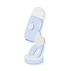 Vector microphone in blue colors on an isolated white background. Broadcast and media interview concept. Hand-drawn style podcast. Equipment for radio broadcasting. Microphone icon