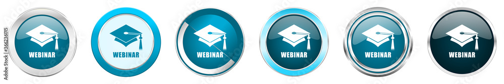 Aufkleber webinar silver metallic chrome border icons in 6 options, set of web blue round buttons isolated on 