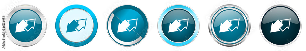 Poster exchange silver metallic chrome border icons in 6 options, set of web blue round buttons isolated on