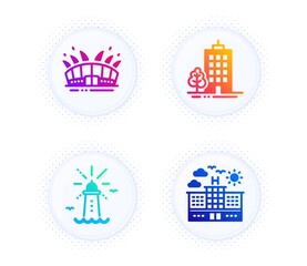 Fototapeta na wymiar Arena stadium, Lighthouse and Skyscraper buildings icons simple set. Button with halftone dots. Hotel sign. Sport complex, Navigation beacon, Town architecture. Travel. Buildings set. Vector