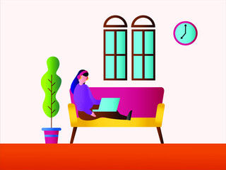 Study from home vector concept: Female student relaxing on a couch while listening music and using her laptop to study