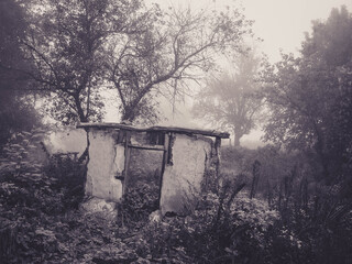 Old house in the fog.
The wreckage of the old building.

