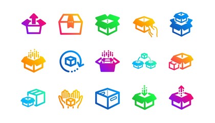 Package, delivery boxes, cargo box. Box icons. Cargo distribution, export boxes, return parcel icons. Shipment of goods, open package. Classic set. Gradient patterns. Quality signs set. Vector
