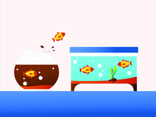 Obraz premium New Normal vector concept: goldfish jumping fromdirty aquarium to another clean one