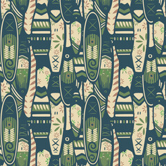 Stand Up Paddle Boarding SUP surfing elements cute seamless pattern vector illustration with supboards. Surfing boats in green and beige shades