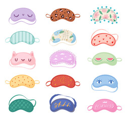 Different sleep masks vector set. Sleeping night eye accessory blindfold relax in traveling illustration. Nighty set of face sleepy protection cartoon asleep isolated on white background.