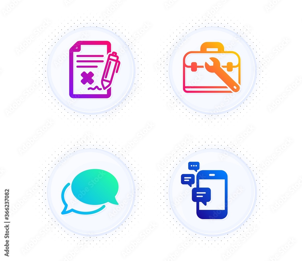 Poster reject file, messenger and tool case icons simple set. button with halftone dots. communication sign