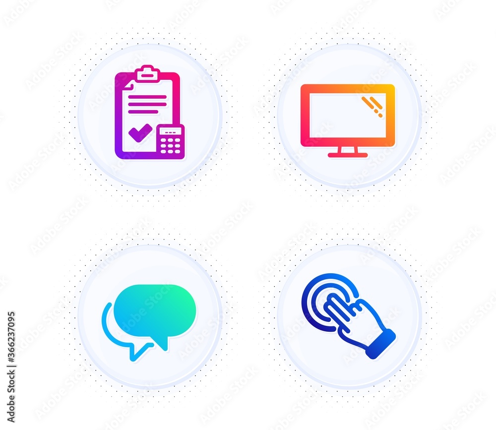Poster monitor, accounting checklist and talk bubble icons simple set. button with halftone dots. touchscre