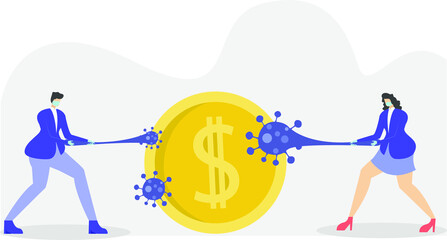 Business new normal vector concept: business people cleaning the big coin from the coronavirus