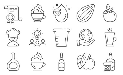 Set of Food and drink icons, such as Beer bottle, Coffee cup. Diploma, ideas, save planet. Whiskey glass, Apple, Cooking chef. Water drop, Latte, Cooking beaker. Vector