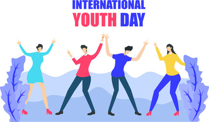 International Youth Day vector concept: layout of friends dancing together