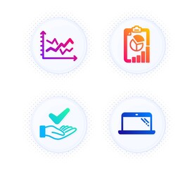 Dermatologically tested, Report and Diagram chart icons simple set. Button with halftone dots. Laptop sign. Organic, Presentation chart, Presentation graph. Computer. Science set. Vector